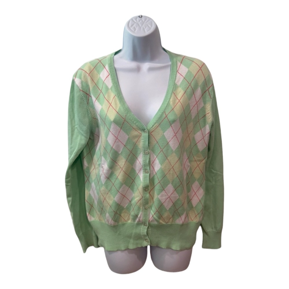 Brooks Brothers 346 Womens Mint Green Argyle Cotton‎ V-Neck Cardigan Sweater L